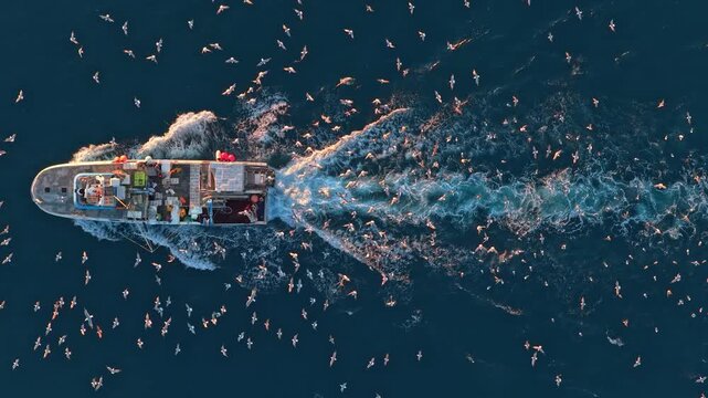 Fishing trawler followed by a large flock of seagulls