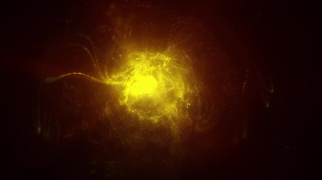 Abstract golden particle explosion with swirling dotted trails and bright radiant center