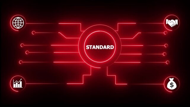 Glowing neon sign Business STANDARD concept animated. STANDARD management concept. Glowing neon line STANDARD Product lifecycle management system technology. 4k animation video.