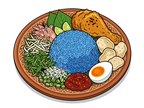 Malaysian nasi kerabu blue rice with fried chicken and salted egg vector illustration
