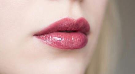 Naklejka premium Close up of Sensual Pink Glossy Lips Expressing Beauty and Femininity with Subtle Sparkle and Smooth Skin Texture