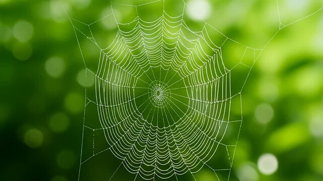 A delicate spiderweb hangs against a soft-focus, bright green leafy background