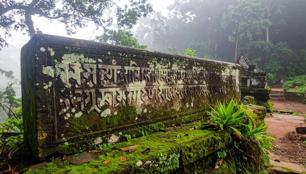 Ancient Sanskrit inscription weathered on a moss covered temple wall showcasing intricate details of heritage and history