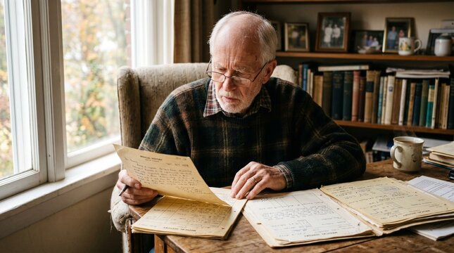 An Elderly Man Reading Documents: An older man with glasses attentively reviews papers in a warmly lit, lived-in study, embodying wisdom and introspection.