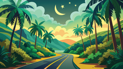 tropical road at night with palm trees and crescent moon high quality professional detailed modern elegant stylish clean crisp vibrant colorful © CreativeKamrul
