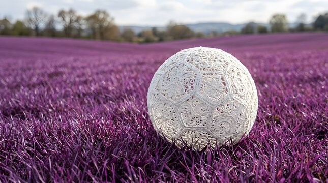 Intricate white lacework sphere rests on vibrant purple grass in a sunlit field