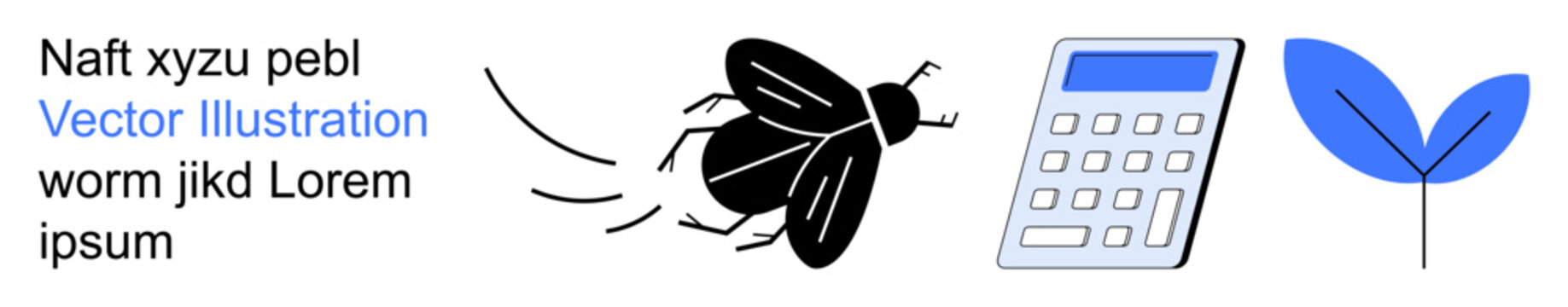 Insects, environment, STEM education, calculations, biology, natural studies. A black fly, blue calculator and blue leaf on white background. Environment and STEM education concept