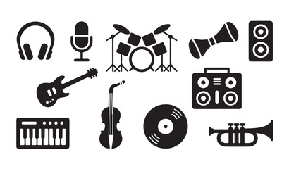 Collection of musical instruments and audio gear icons featuring drum kit guitar trumpet. © Tanvir