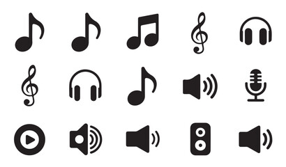 Set of music and sound icons including notes headphones and microphones. © Tanvir