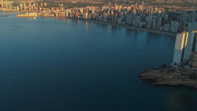 Aerial view of benidorm skyline in spain during golden hour