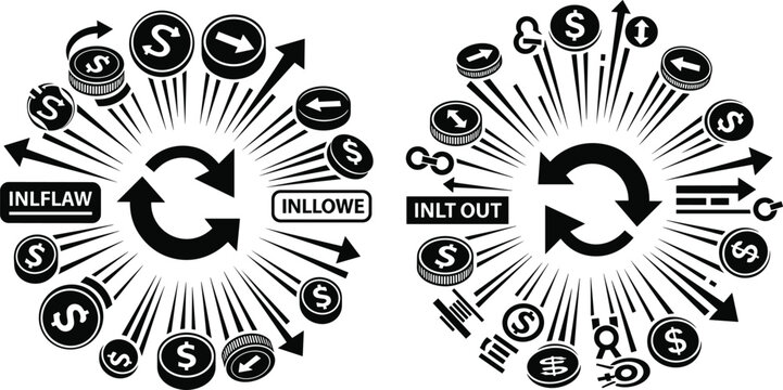 Financial Flow and Currency Exchange Icons Set Featuring Inflow and Outflow Symbols with Dollar and Arrows for Business Designs