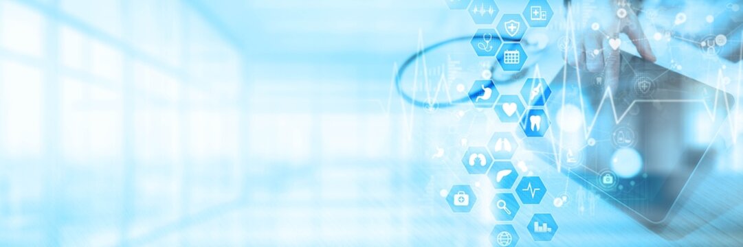 Healthcare and Medical Diagnostics Illustrated on a Virtual Screen.