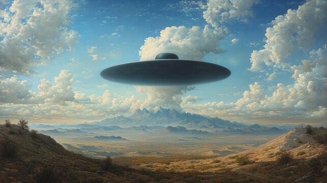 Cinematic science fiction scene of a large flying saucer hovering above a vast desert valley with distant mountains and dramatic cumulus clouds, surreal alien concept art
