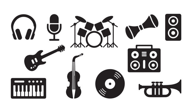 Collection of musical instruments and audio gear icons featuring drum kit guitar trumpet.