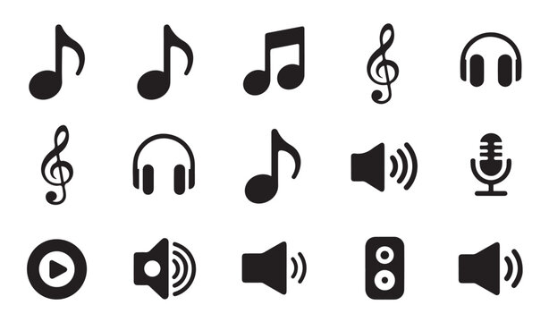 Set of music and sound icons including notes headphones and microphones.