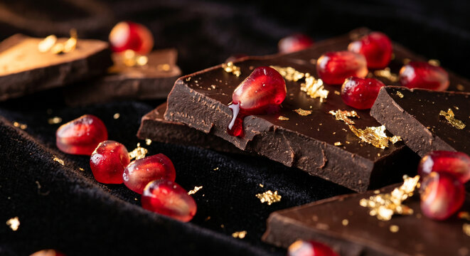 Gourmet Dark Chocolate Shards with Ruby Pomegranate Seeds and Edible Gold Flakes on Dark Velvet