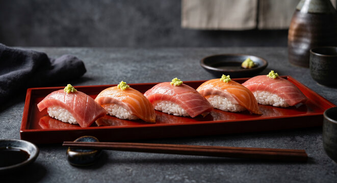 Fresh Salmon and Tuna Nigiri Sushi Set on Traditional Red Lacquer Tray