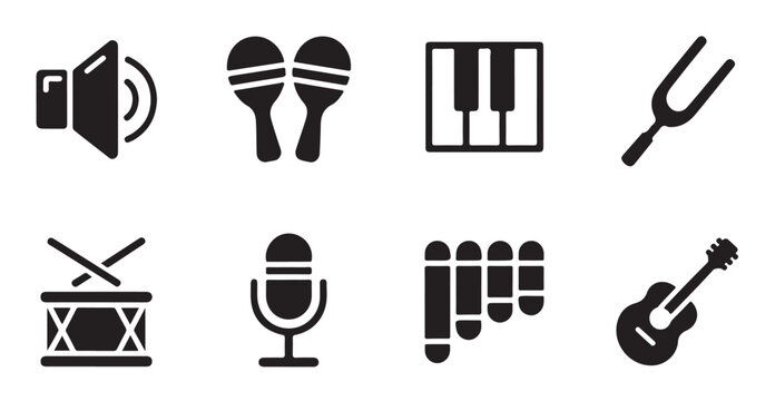 Variety of musical instruments icons for symphony and band performance.