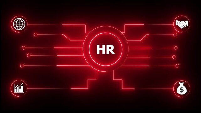 Glowing neon sign Business HR concept animated. HR management concept. Glowing neon line HR Product lifecycle management system technology.4k video.