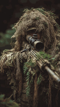 Sniper wearing a full ghillie suit blending into the forest environment, holding a rifle covered in ferns and dry grass, realistic photography, woodland camouflage