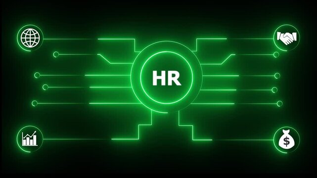 Glowing neon sign Business HR concept animated. HR management concept. Glowing neon line HR Product lifecycle management system technology.4k video.