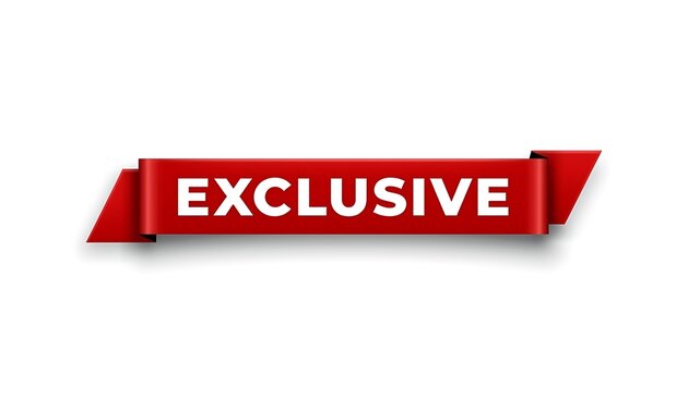 A red exclusive ribbon banner on a white background