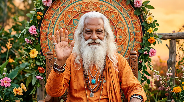 Sadhu Waving Greeting Outdoors Surrounded by Flowers