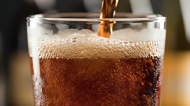 Refreshing Cola Pouring into a Glass with Bubbles.