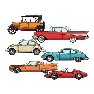 Vintage cars in different colors.