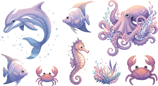 Cute Sea Creatures Set with Dolphin, Fish, Octopus, Seahorse, Crab, and Marine Plants in Pastel Colors for Kids' Designs
