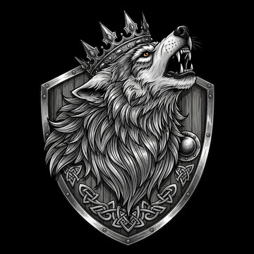Majestic Wolf King Emblem with Crown and Shield, Heraldic Design