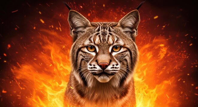 Tiger face on fire background.