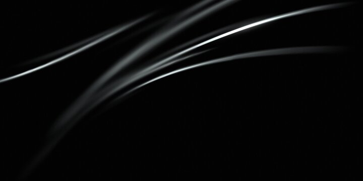Pure Black Abstract Background with Silver White Curved Light Streaks, Ultra Luxury Minimal Design