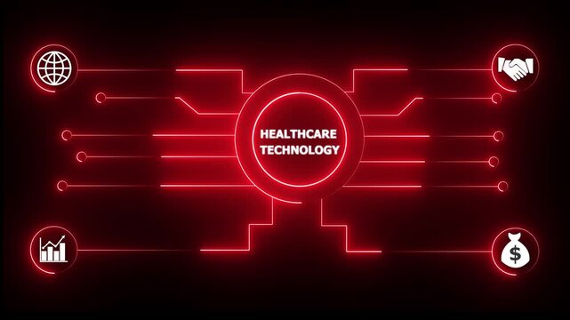 Glowing neon sign Business HEALTHCARE TECHNOLOGY concept animated. HEALTHCARE TECHNOLOGY management concept.4k animation motion graphics video.