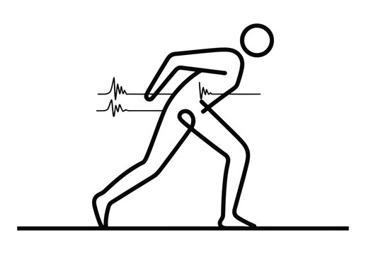 A stick figure with back pain and an electrocardiogram reading on a white background showing discomfort