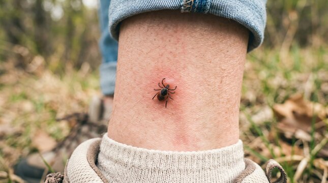 Ixodid tick biting woman leg. Dangerous parasite crawl on human skin during outdoor recreation. Lyme disease and encephalitis infection risk. Medical health warning about insect bite.
