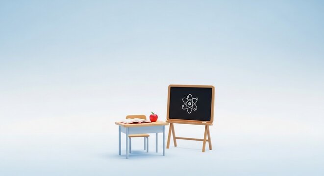 minimalist classroom setup with chalkboard and desk
