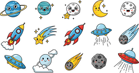 Cute kawaii space character icons set with planets rockets UFOs stars and comets in hand drawn line art style for children designs © Lipi