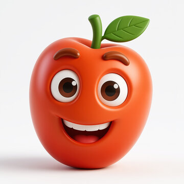 Vibrant orange apple with a cheerful face, two big eyes, eyebrows, and a wide smile, set against a clean white background with a subtle shadow, depicted in a smooth, rounded cartoon style.