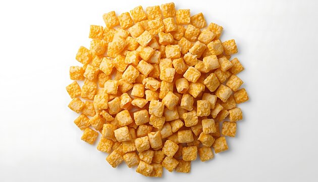 A pile of crispy golden corn puffs on a white background