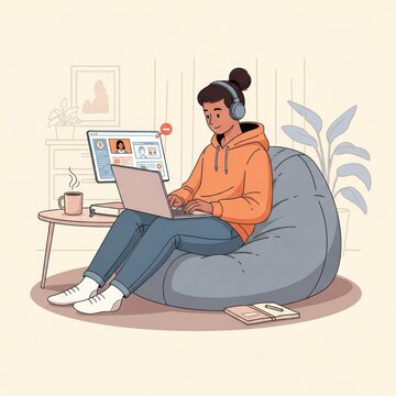 Vector illustration of a student sitting comfortably on a bean bag while studying with a laptop at home. Relaxed posture highlights modern flexible learning and casual home education environment.