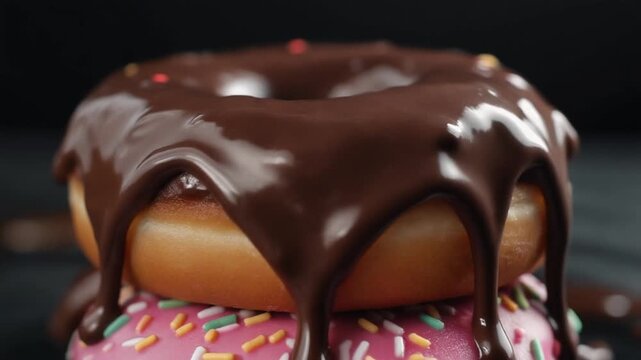 Close-up of two delicious donuts, one topped with rich, dripping chocolate glaze and colorful sprinkles, stacked on a pink sprinkle donut.