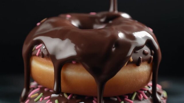 Rich chocolate glaze being poured over a stack of delicious, sprinkle-covered donuts, creating a tempting dessert scene.