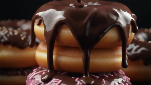 Delicious chocolate sauce generously dripping over a stack of freshly baked, glazed donuts, creating an irresistible dessert.