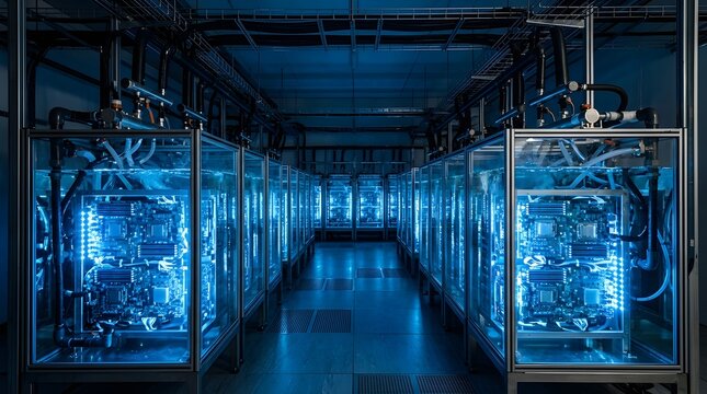 Rows of advanced liquid-cooled servers glow with blue light in a modern, high-efficiency data center.