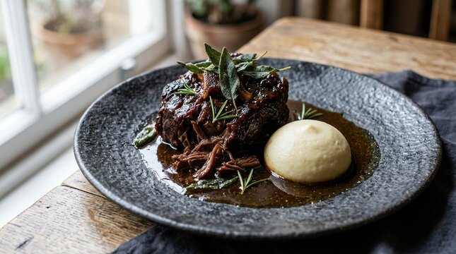 Oxtail Slowly Braised for 48 Hours Until Meltingly Tender Placed Over a Rich Truffle-Infused Polenta Finished With a Glossy Lamb and Mint Reduction Garnished With Charred Padron Peppers