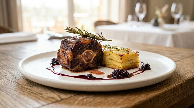 Oxtail Slowly Braised for 48 Hours Until Meltingly Tender Accompanied by a Sphere of Smoked Celery Root Surrounded by a Glossy Rosemary jus Garnished With Crispy Sage Leaves