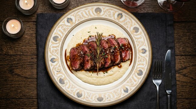 Iberico Pork Pluma Cooked Sous-Vide to a Deep Ruby red Resting on Creamy White Polenta With a Glossy Veal jus Catching the Light Garnished With a Single Fried Rosemary Sprig