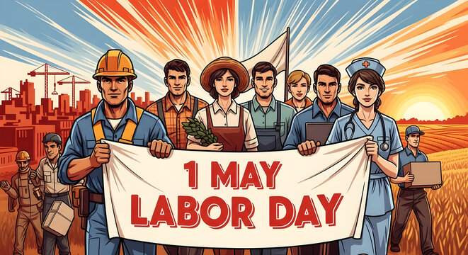A diverse group of workers including a construction worker, farmer, and nurse hold a banner celebrating 1 May Labor Day on white background