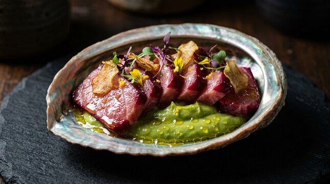 Bluefin Tuna Otoro Cured in Beetroot and gin Resting on a Vibrant Yuzu-Infused Avocado Cream With a Bright Citrus Vinaigrette Splitting Into Droplets Garnished With Crispy Potato Scales